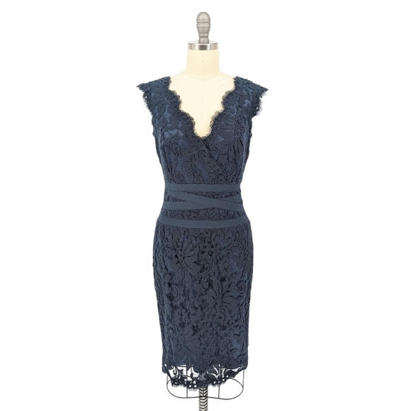 Tadashi Shoji Lace Sheath Dress Navy Blue 2 preppy victorian wedding cocktail - Picture 1 of 7